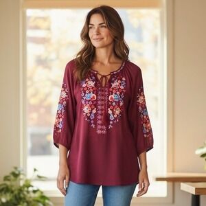 Embroidered Peasant Top Burgundy Floral Embroidery Blouse Boho Hippie Size Small